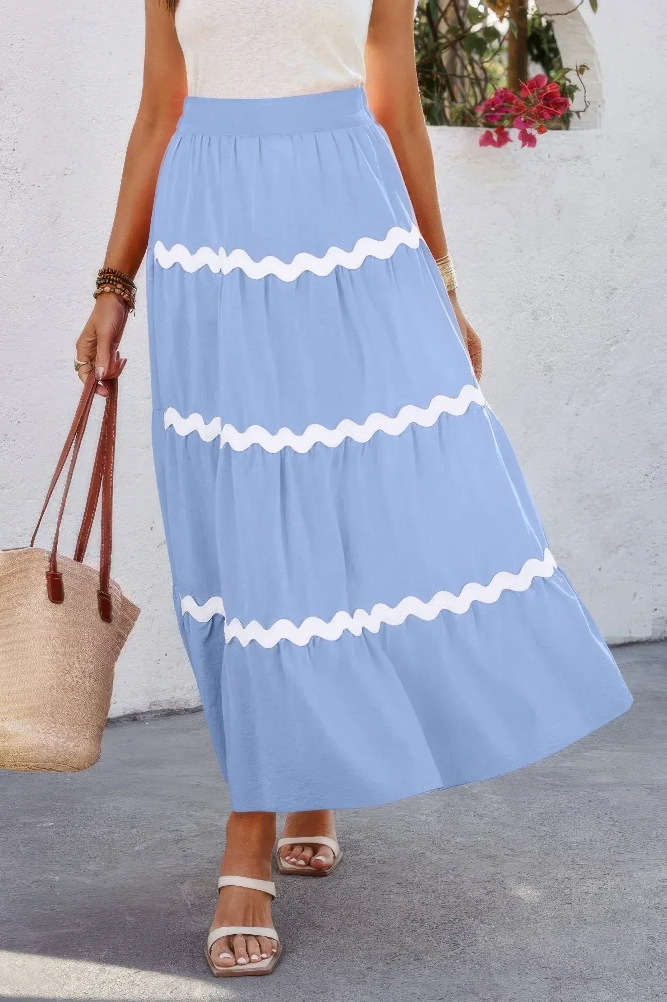 Waves Print Pleated Elastic Waist Band Skirt | Mixtshop LLC