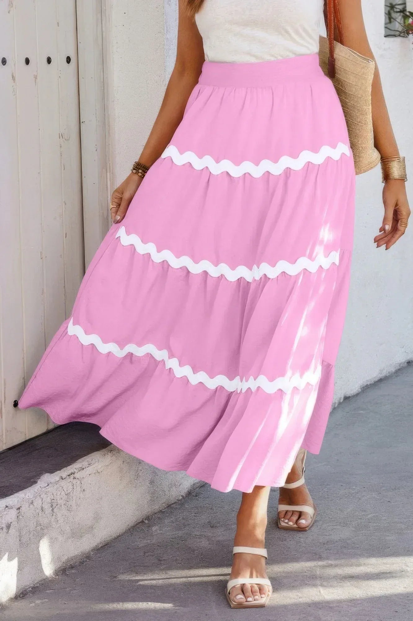 Waves Print Pleated Elastic Waist Band Skirt | Mixtshop LLC