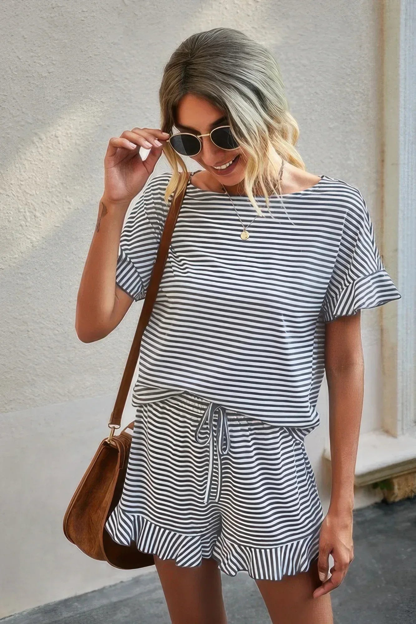 Round Neck Striped Top Short Set | Mixtshop LLC
