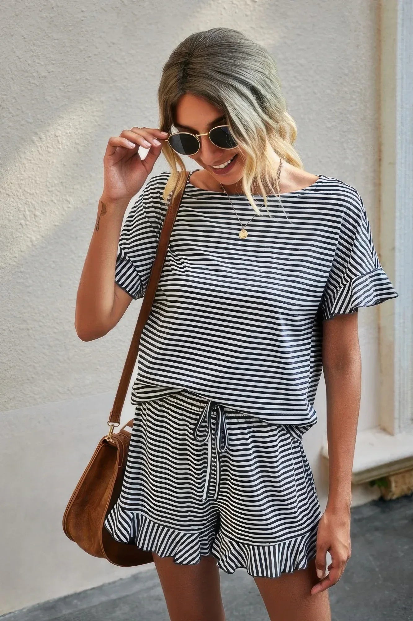 Round Neck Striped Top Short Set | Mixtshop LLC