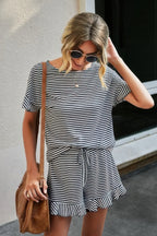 Round Neck Striped Top Short Set | Mixtshop LLC