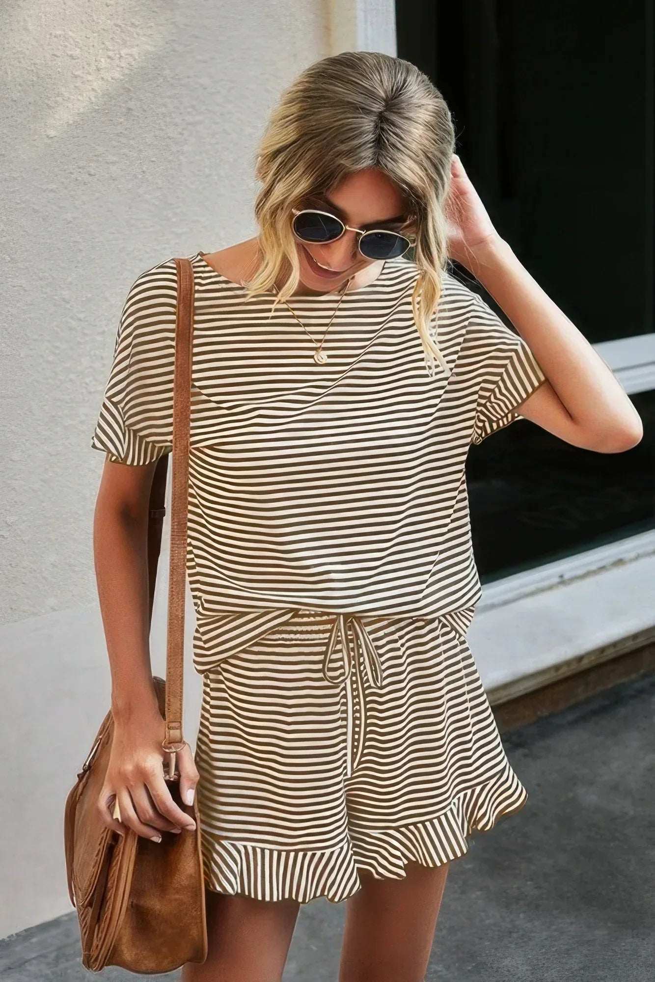 Round Neck Striped Top Short Set | Mixtshop LLC