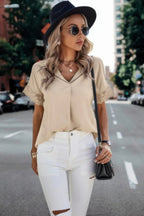 Color Block Lace Sleeve V Neck Solid Loose Fit Blouse | Mixtshop LLC