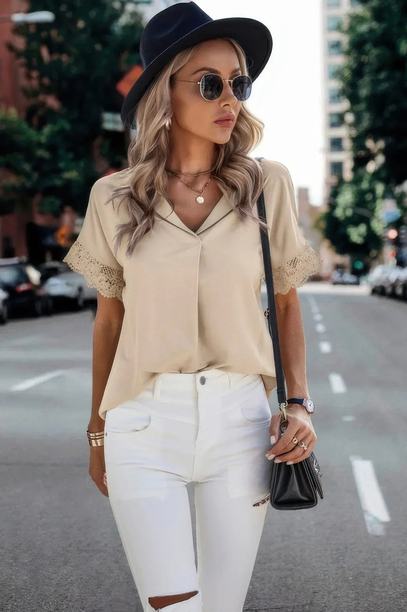 Color Block Lace Sleeve V Neck Solid Loose Fit Blouse | Mixtshop LLC