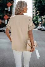 Color Block Lace Sleeve V Neck Solid Loose Fit Blouse | Mixtshop LLC