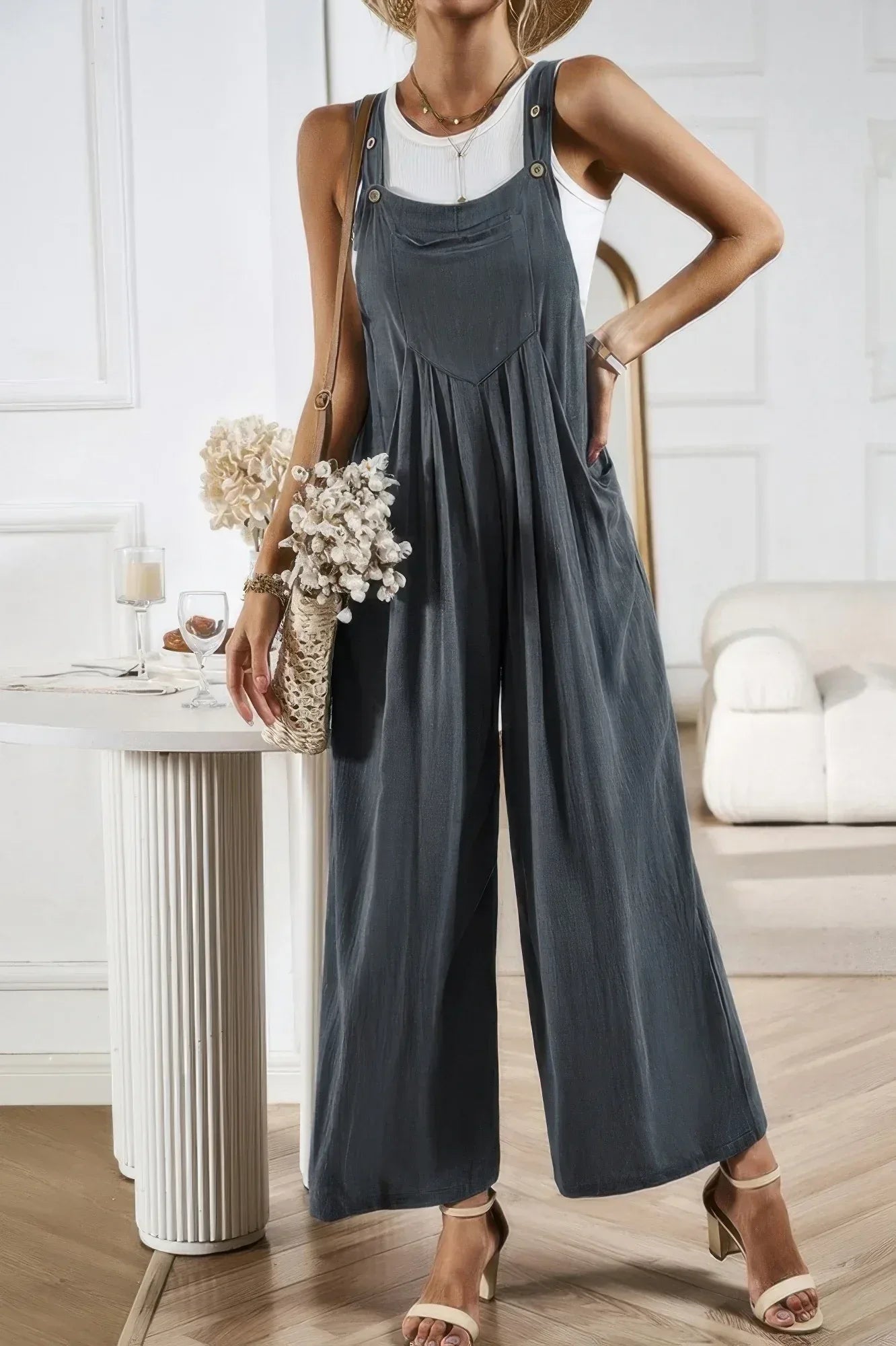 Solid Wide Leg Pocketed Shoulder Tie Overalls | Mixtshop LLC