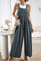 Solid Wide Leg Pocketed Shoulder Tie Overalls | Mixtshop LLC