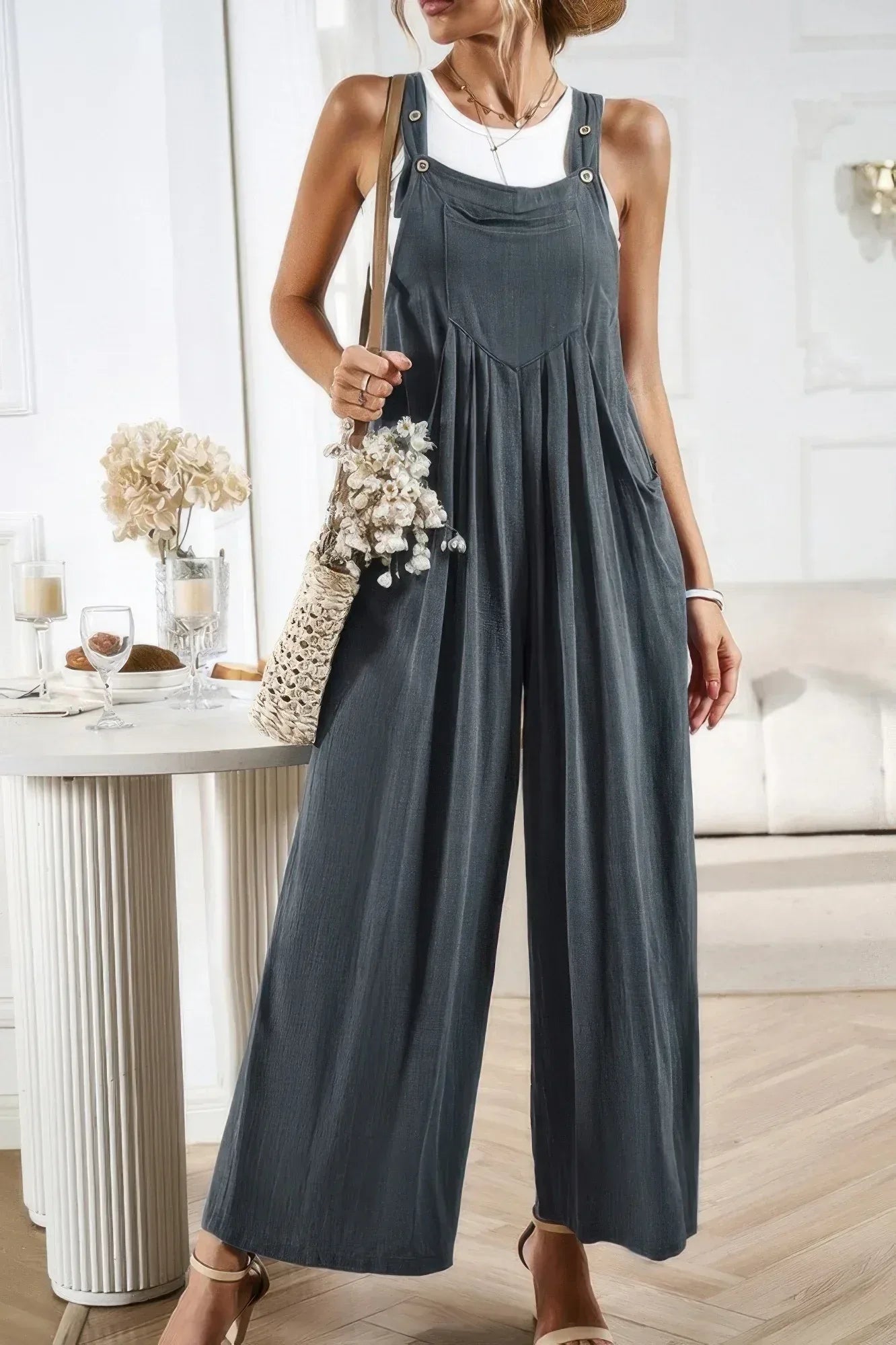 Solid Wide Leg Pocketed Shoulder Tie Overalls | Mixtshop LLC