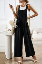 Solid Wide Leg Pocketed Shoulder Tie Overalls | Mixtshop LLC