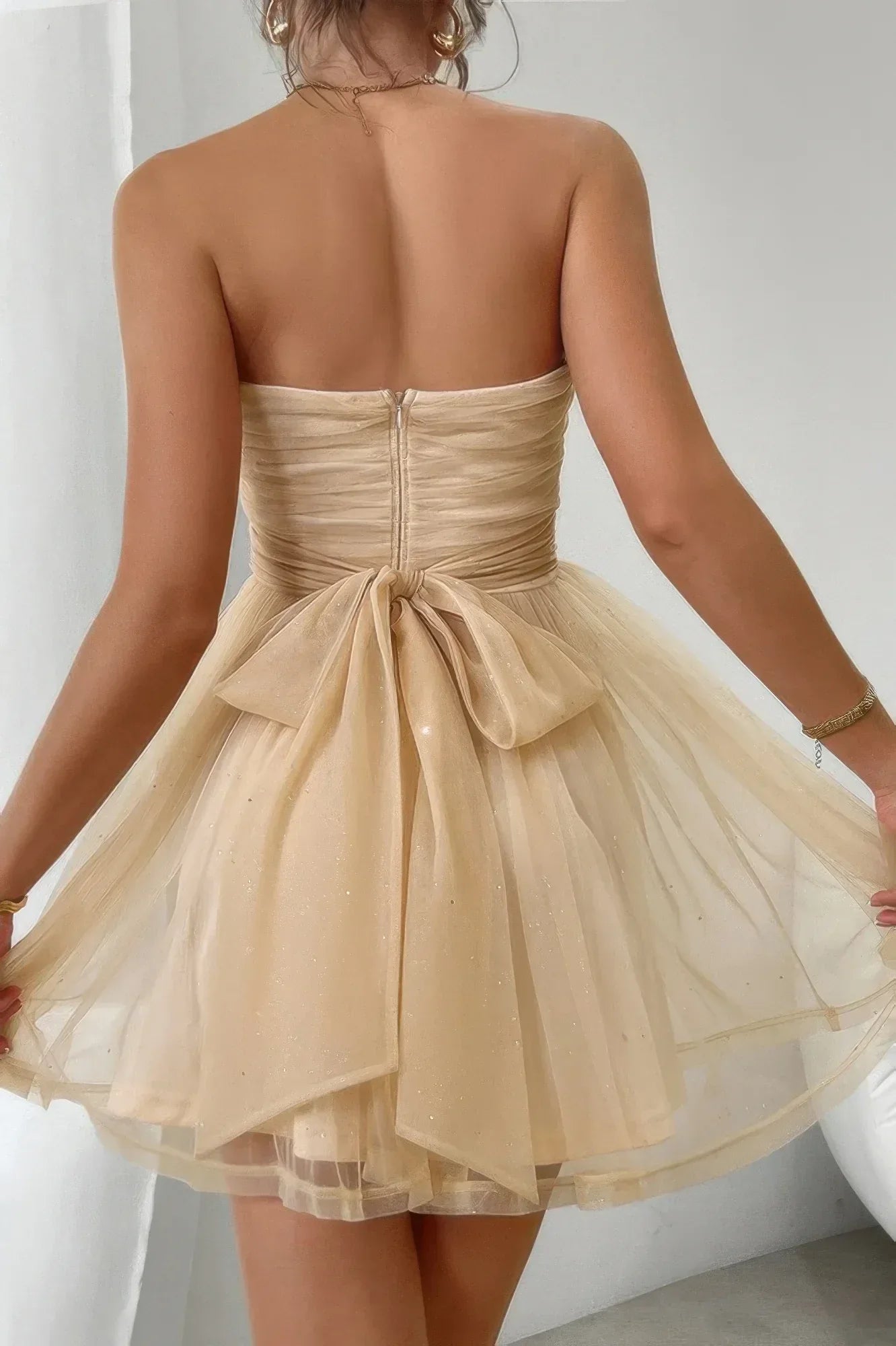 Off Shoulder Ruched Knot Zipper Pleated Short Dress Secondary image