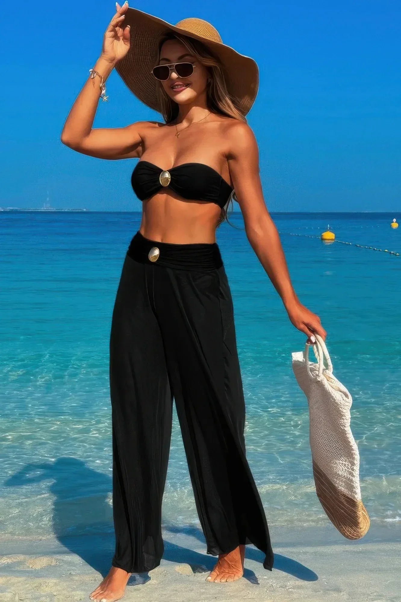 Solid Color Metal Decor Beach Bikini Pants Set | Mixtshop LLC