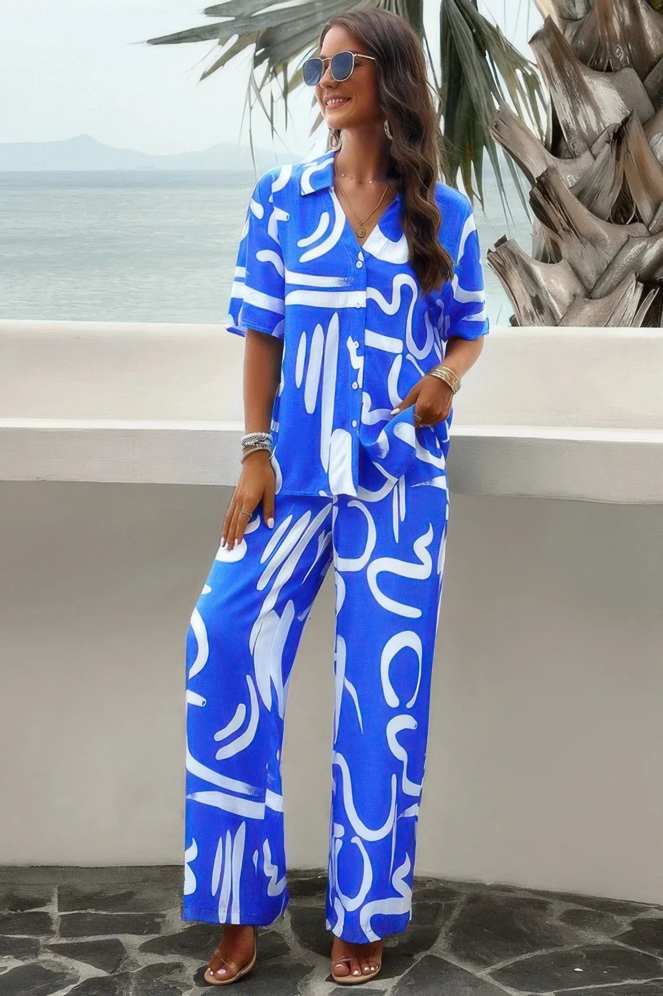 Print Front Button Two Pieces Blouse Sets | Mixtshop LLC Main image