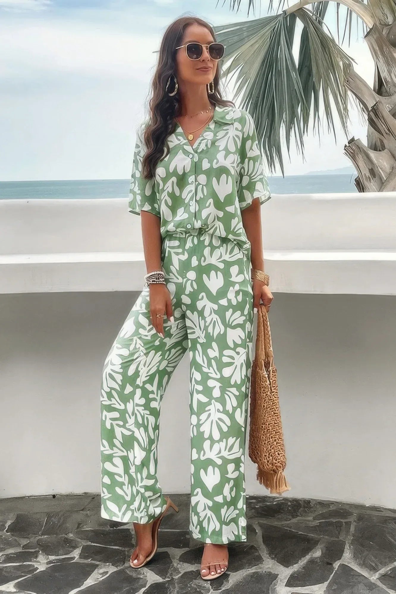 Print Front Button Two Pieces Blouse Sets | Mixtshop LLC