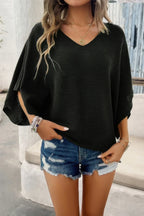 Solid V Neck Knit Loose Fit Bat Sleeves Top | Mixtshop LLC