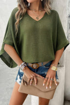 Solid V Neck Knit Loose Fit Bat Sleeves Top | Mixtshop LLC