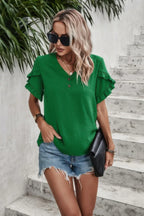 Solid Button V Neck Ruffle Sleeves Blouse | Mixtshop LLC