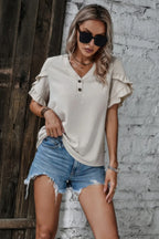 Solid Button V Neck Ruffle Sleeves Blouse | Mixtshop LLC