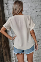 Solid Button V Neck Ruffle Sleeves Blouse | Mixtshop LLC