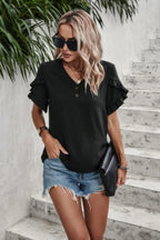 Solid Button V Neck Ruffle Sleeves Blouse | Mixtshop LLC