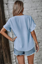 Solid Button V Neck Ruffle Sleeves Blouse | Mixtshop LLC