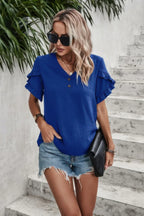 Solid Button V Neck Ruffle Sleeves Blouse | Mixtshop LLC
