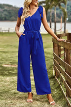 Solid V Neck Knot Shoulder Sleeveless Ruched Belt | Mixtshop LLC