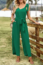 Solid V Neck Knot Shoulder Sleeveless Ruched Belt | Mixtshop LLC