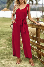 Solid V Neck Knot Shoulder Sleeveless Ruched Belt | Mixtshop LLC