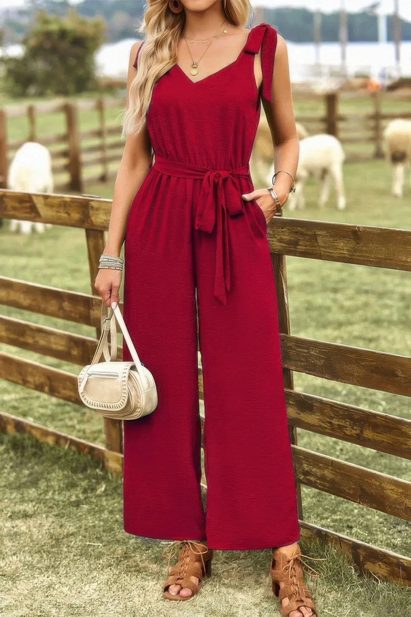 Solid V Neck Knot Shoulder Sleeveless Ruched Belt | Mixtshop LLC