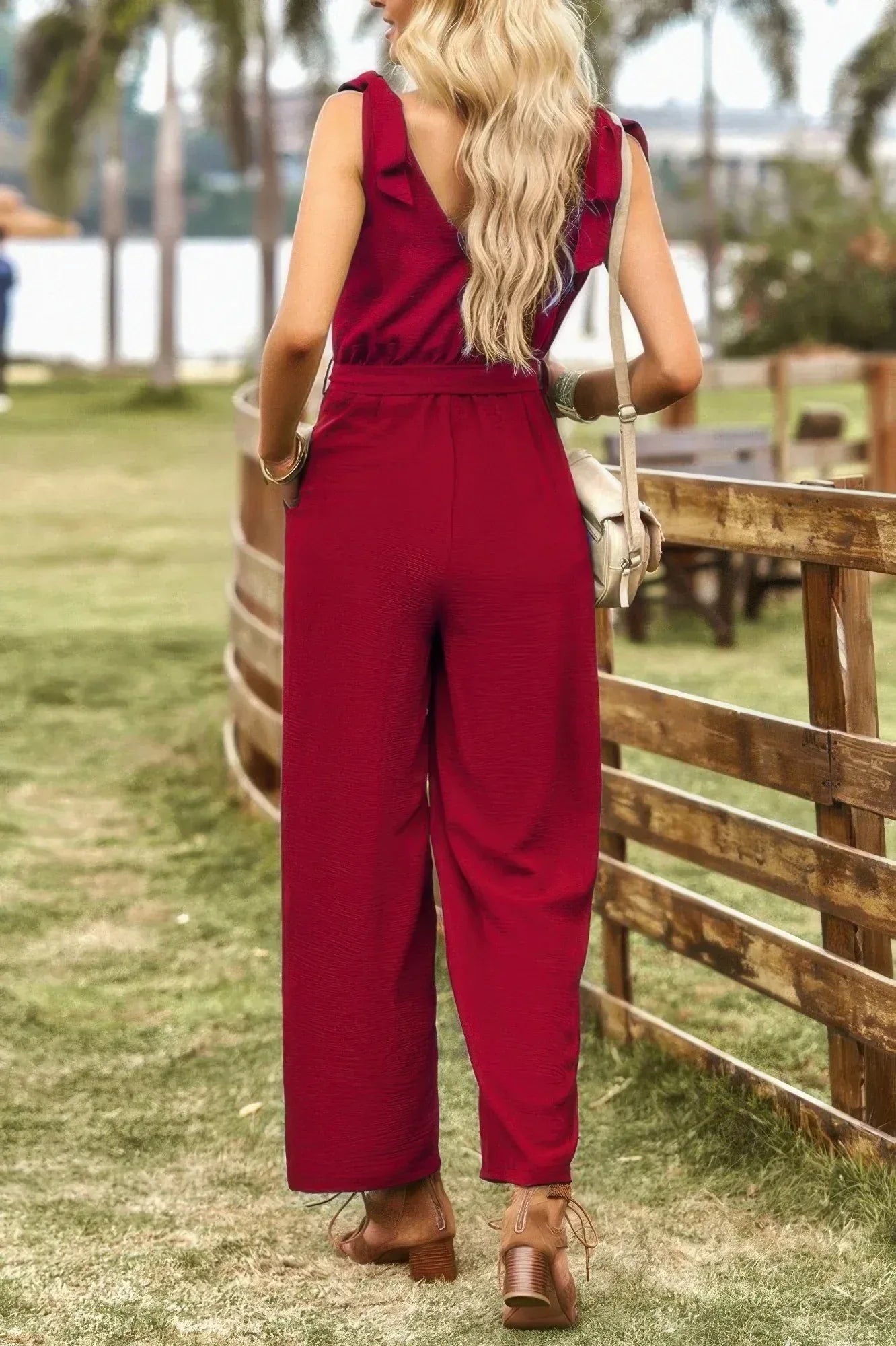 Solid V Neck Knot Shoulder Sleeveless Ruched Belt | Mixtshop LLC