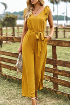 Solid V Neck Knot Shoulder Sleeveless Ruched Belt | Mixtshop LLC