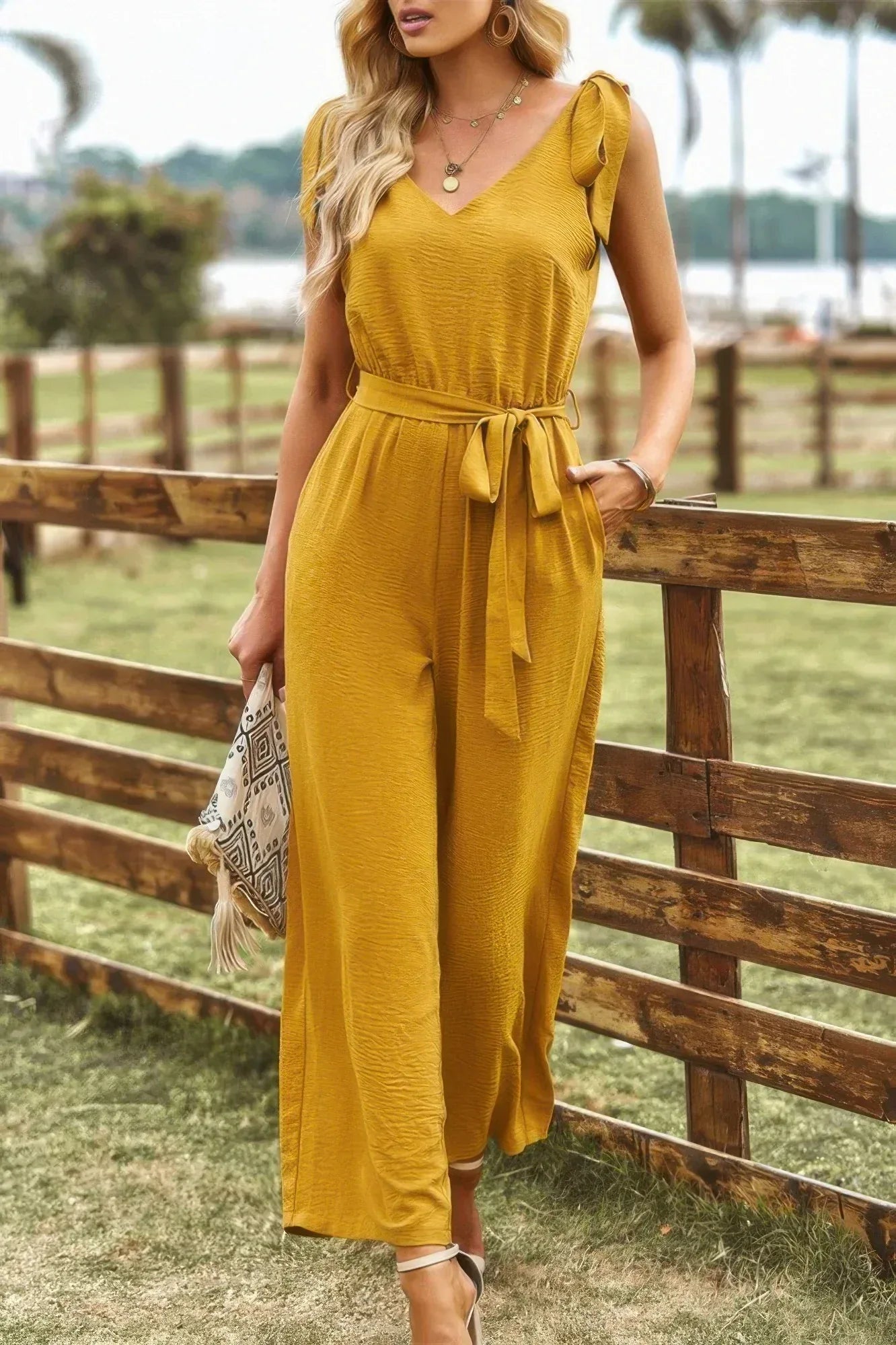 Solid V Neck Knot Shoulder Sleeveless Ruched Belt | Mixtshop LLC