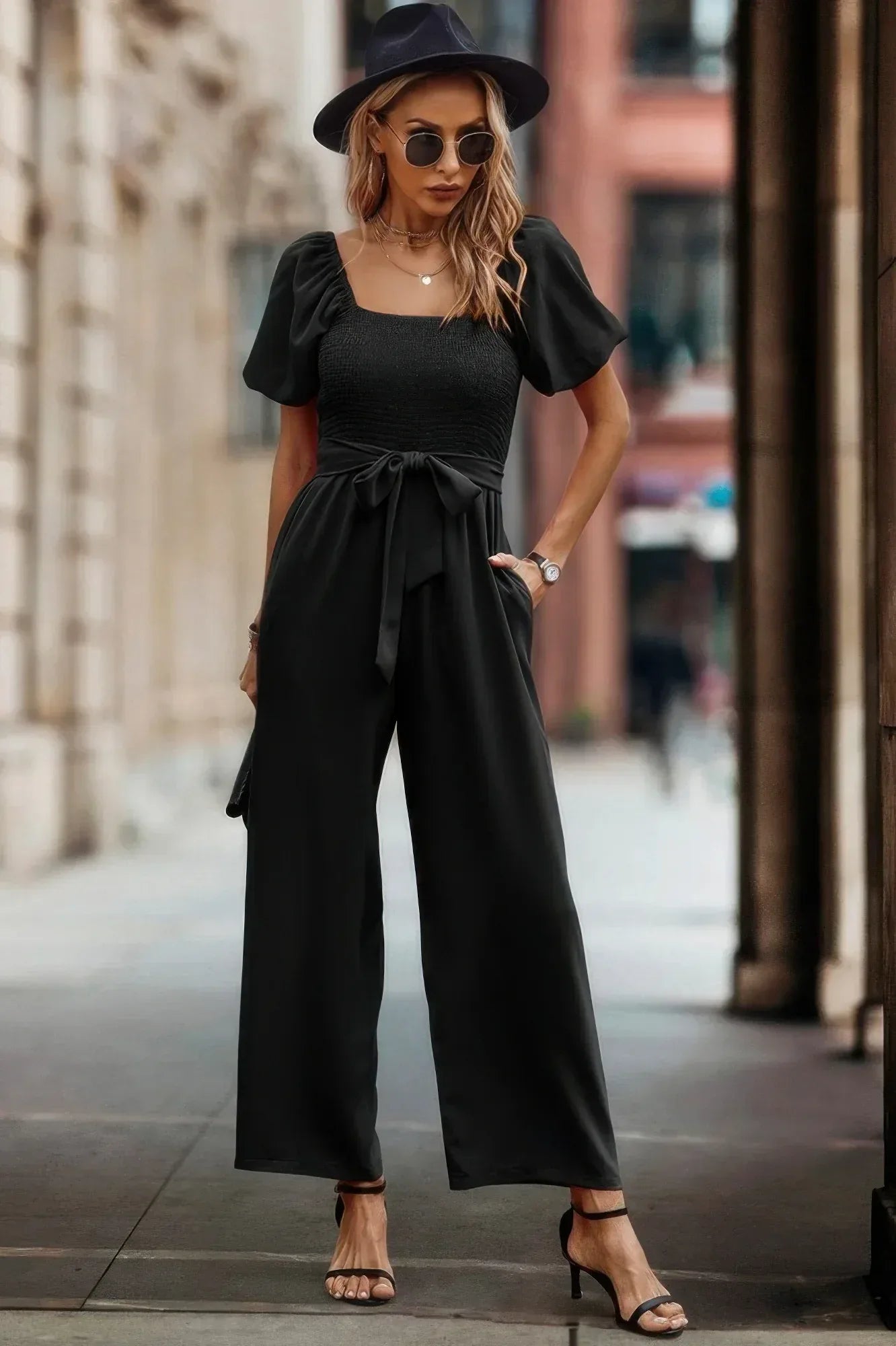 Solid Fit Square Neck Smocked Jumpsuit | Mixtshop LLC Main image