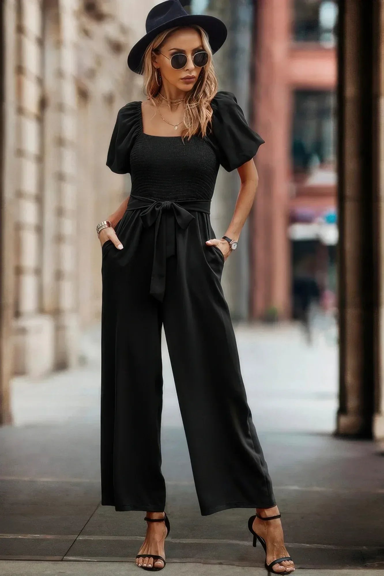 Solid Fit Square Neck Smocked Jumpsuit | Mixtshop LLC