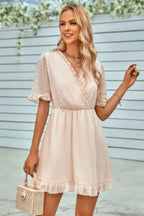 Swiss Dot Frill Trim Puff Sleeve Surplice Dress | Mixtshop LLC