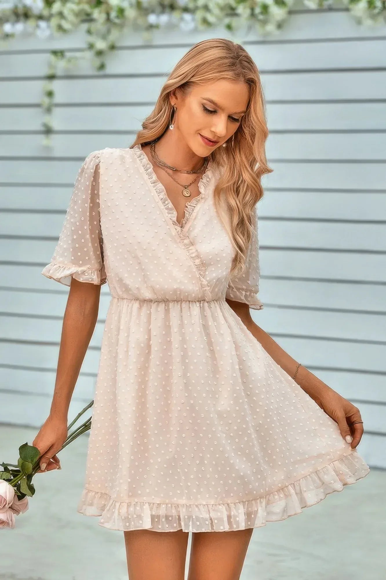 Swiss Dot Frill Trim Puff Sleeve Surplice Dress | Mixtshop LLC