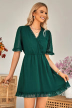 Swiss Dot Frill Trim Puff Sleeve Surplice Dress | Mixtshop LLC