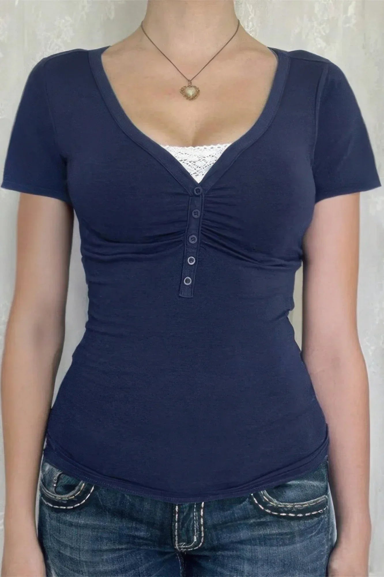 V Neck Solid Lace Splicing Button Fitted Shirt | Mixtshop LLC