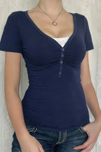 V Neck Solid Lace Splicing Button Fitted Shirt | Mixtshop LLC
