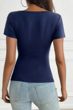 V Neck Solid Lace Splicing Button Fitted Shirt | Mixtshop LLC
