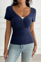 V Neck Solid Lace Splicing Button Fitted Shirt | Mixtshop LLC