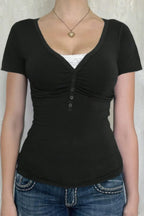 V Neck Solid Lace Splicing Button Fitted Shirt | Mixtshop LLC