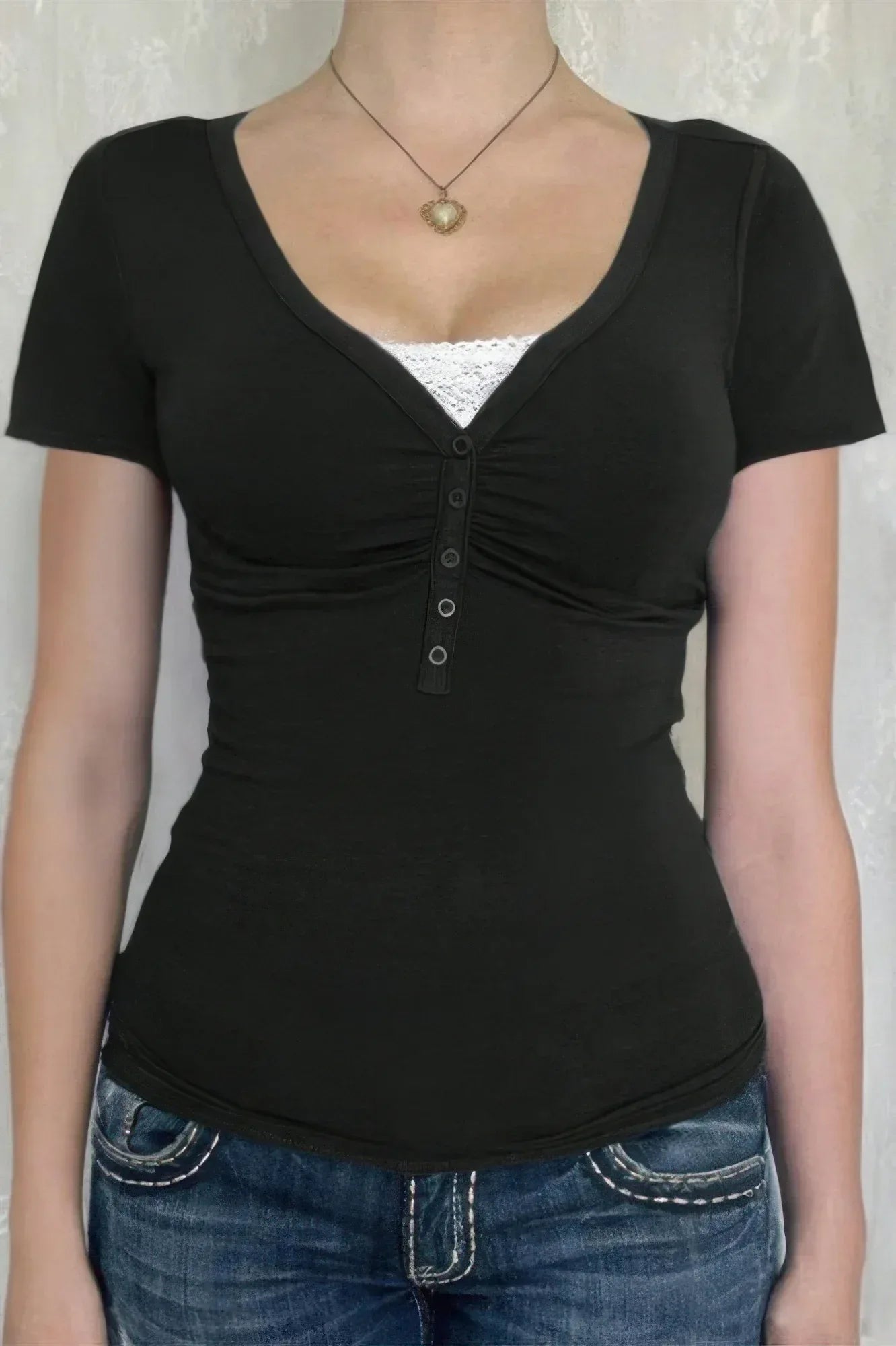V Neck Solid Lace Splicing Button Fitted Shirt | Mixtshop LLC