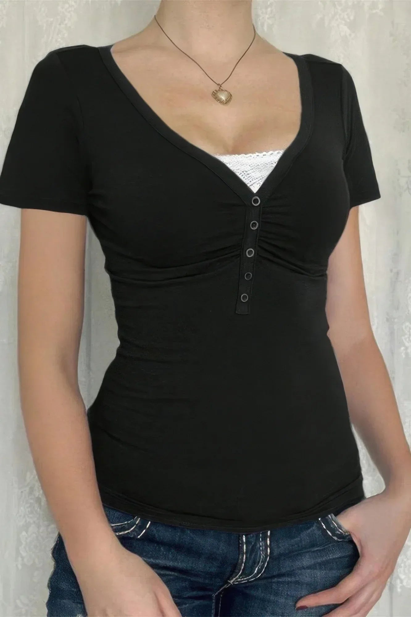 V Neck Solid Lace Splicing Button Fitted Shirt | Mixtshop LLC