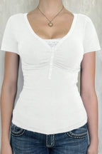 V Neck Solid Lace Splicing Button Fitted Shirt | Mixtshop LLC