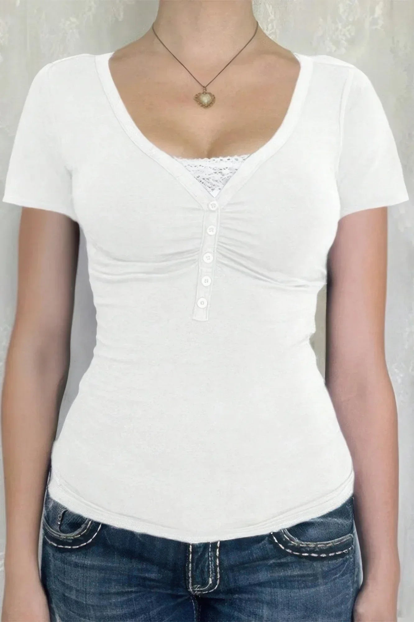 V Neck Solid Lace Splicing Button Fitted Shirt | Mixtshop LLC