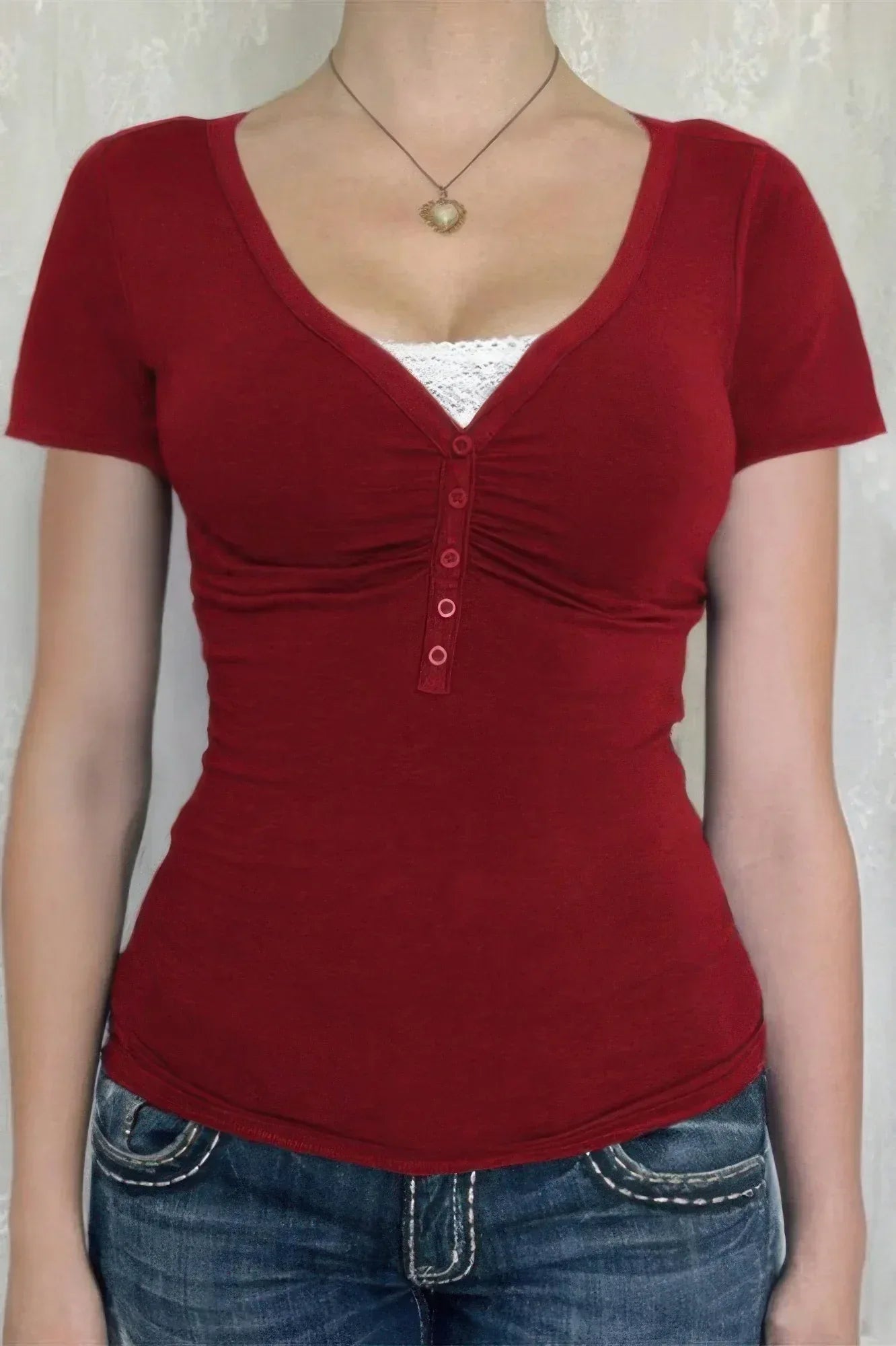 V Neck Solid Lace Splicing Button Fitted Shirt | Mixtshop LLC