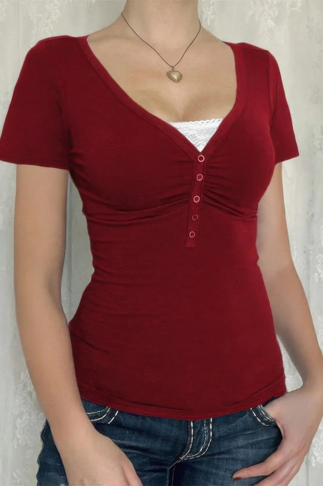 V Neck Solid Lace Splicing Button Fitted Shirt | Mixtshop LLC