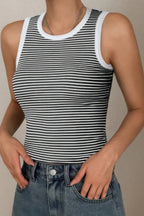 Striped Round Neck White Trim Crop Fitted Tank Top | Mixtshop LLC