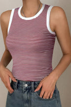 Striped Round Neck White Trim Crop Fitted Tank Top | Mixtshop LLC